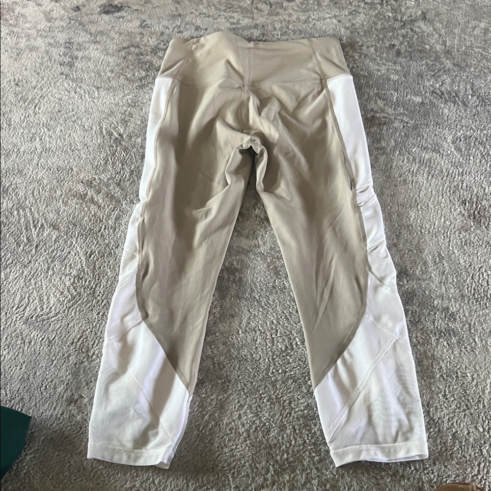 Athleta Exhale Mesh Capri leggings in quail beige and white color block - Picture 5 of 7